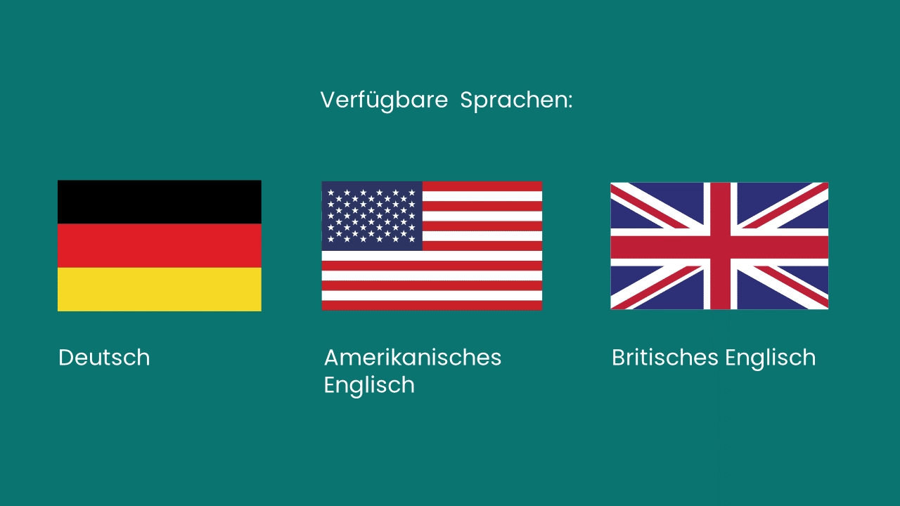 Die verfügbaren Sprachen für ein Korrektorat werden gezeigt, Flaggen von Deutschland, der USA und Großbritannien
