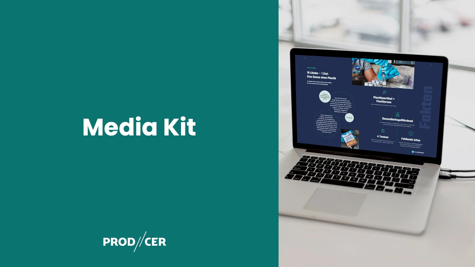 Media Kit von PR-Spezialisten und professionellen Designern online beauftragenonline bestellen, zu sehen modernes Notebook, Einblick Mediakit auf dem Bildschirm